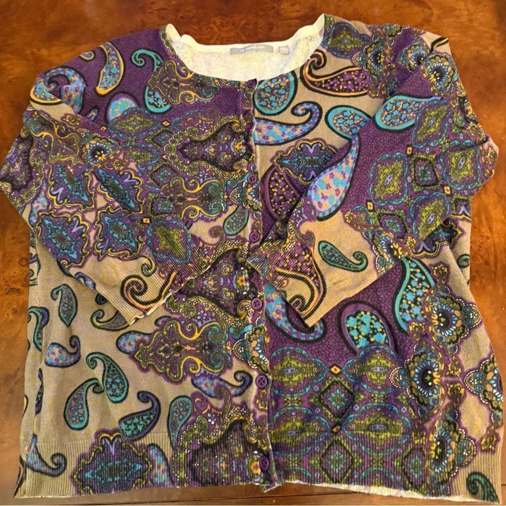 NY Collection Button Down Cardigan Paisley Print Women's XL Purple Tan